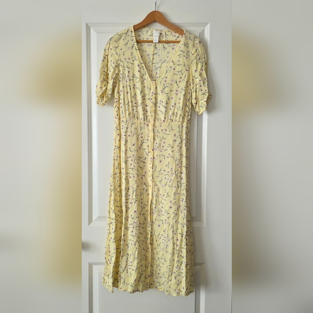 Floral Cottagecore Button Midi Sundress H&M Womens 4 Light Yellow Cotton Blend